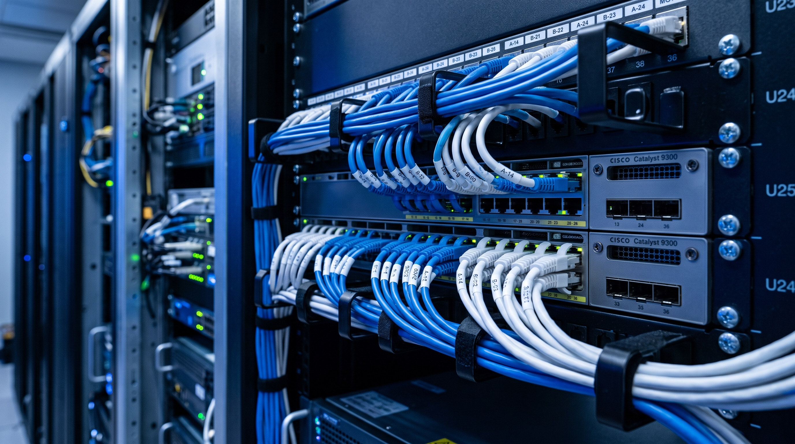 Panel de switch de red con cables organizados en oficina corporativa