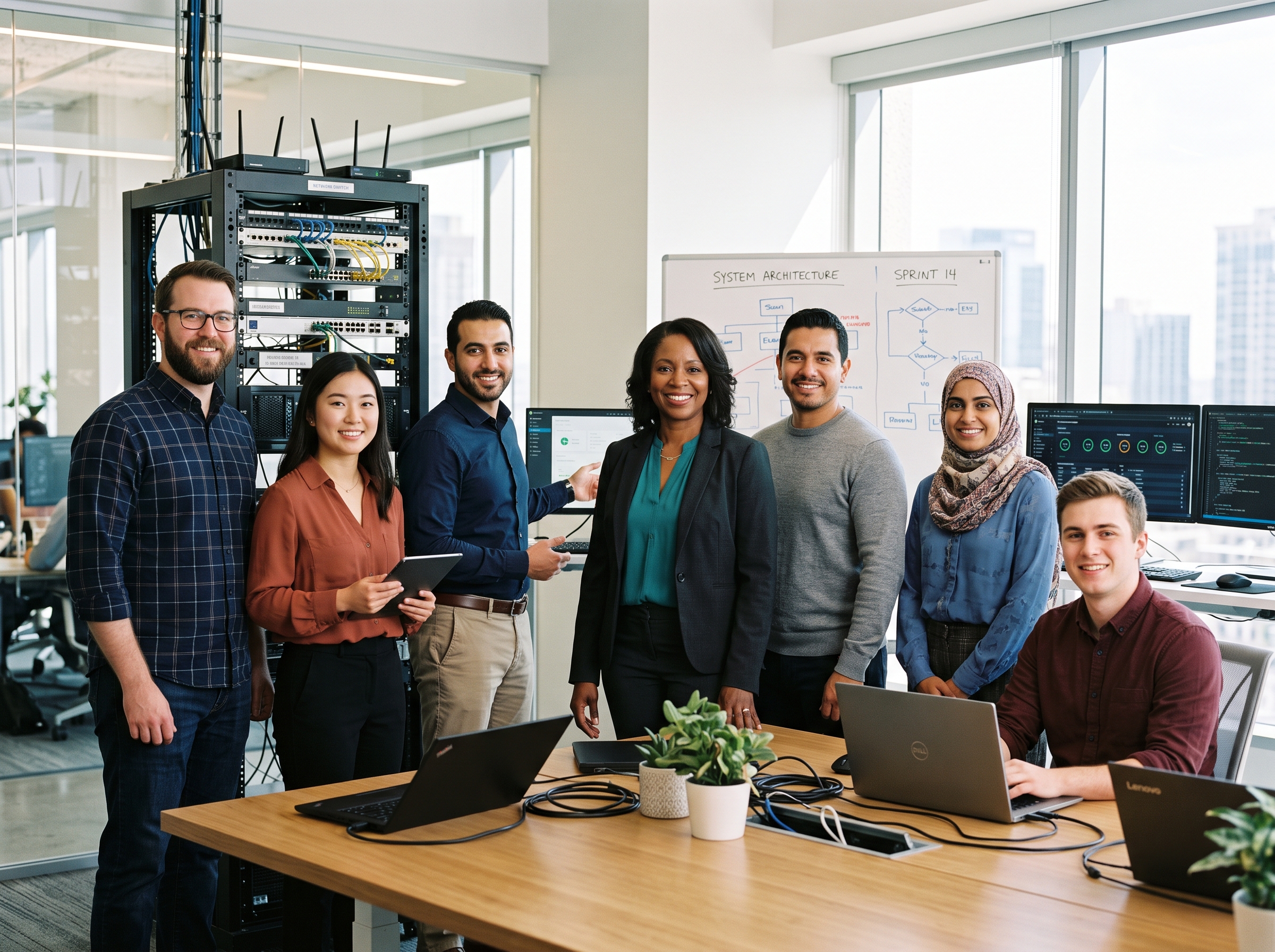 Equipo profesional de técnicos en redes trabajando en un data center moderno